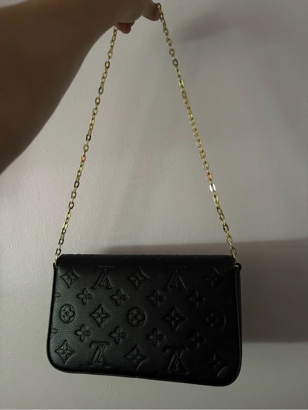 Black Embossed Leather Chain Shoulder Bag - Designer Style